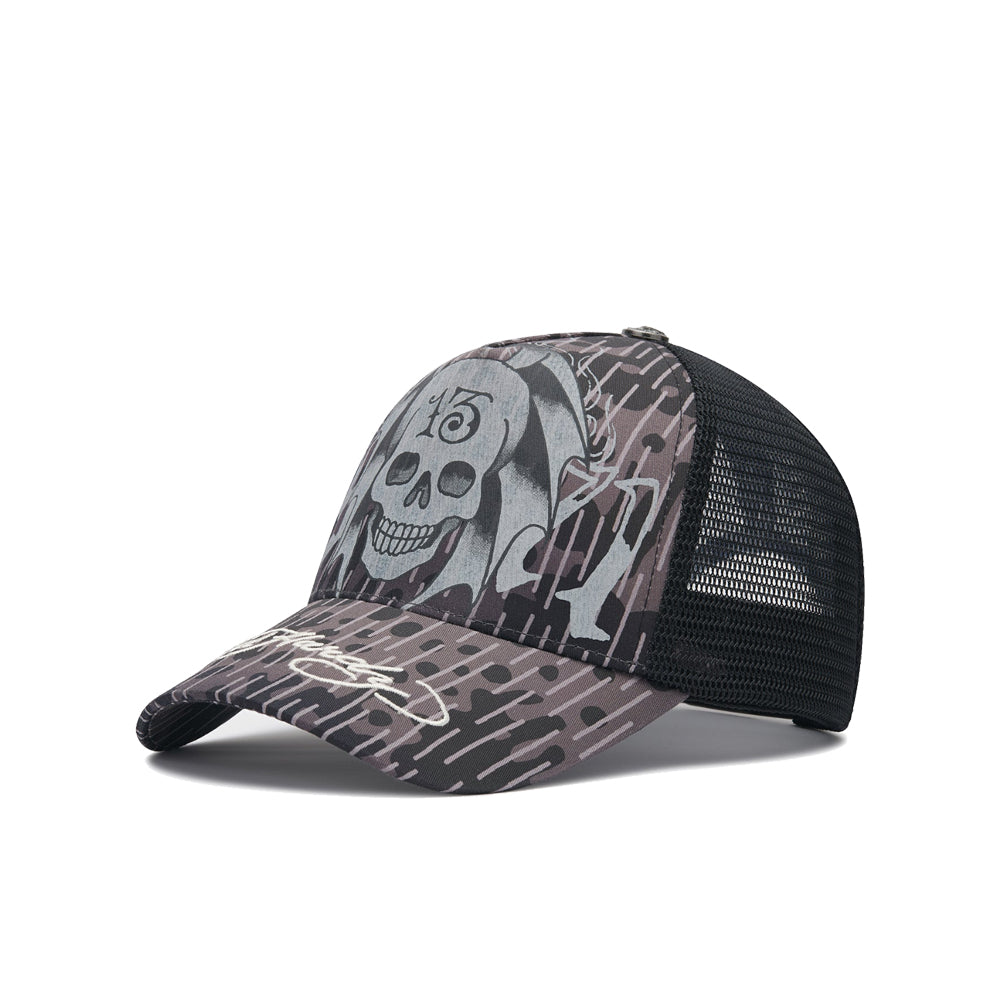 13 Skull 5 Panel Trucker Cap - Black