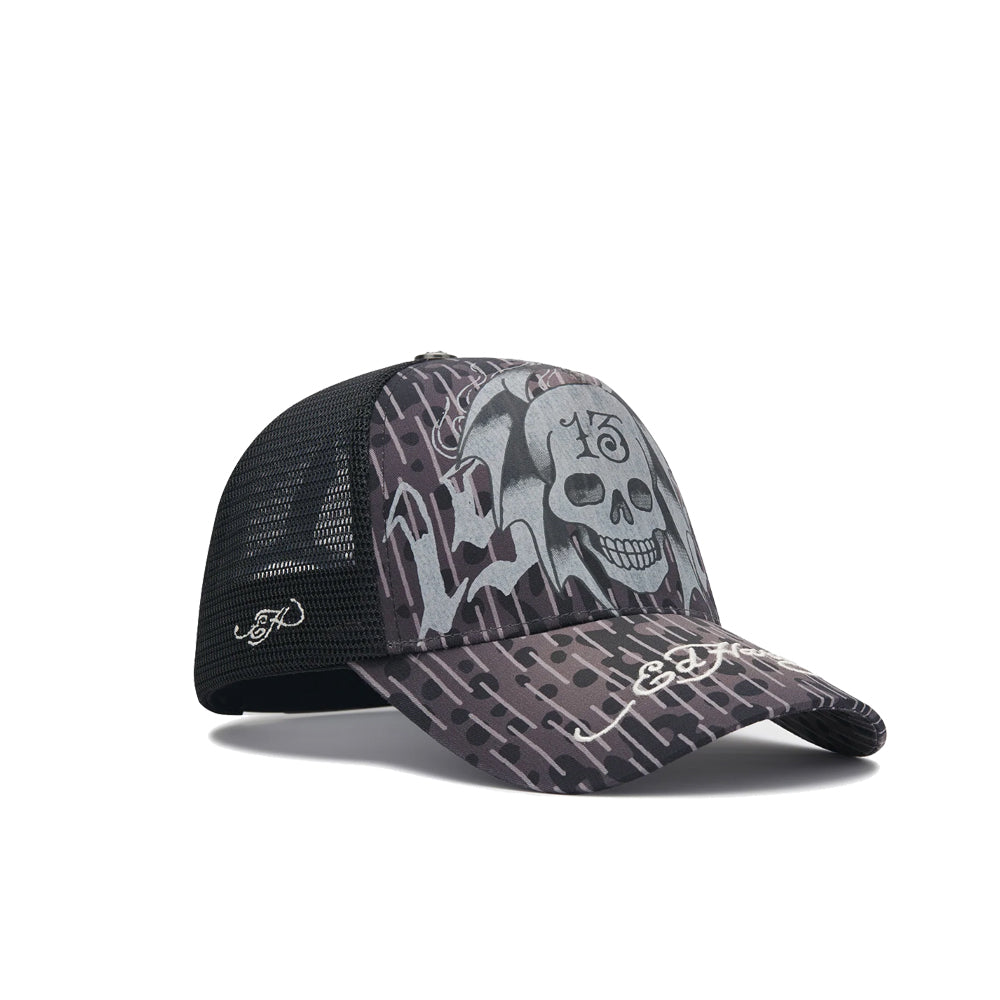13 Skull 5 Panel Trucker Cap - Black