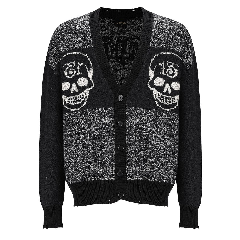 Lucky 13 Skull Jacquard Knit Cardigan - Beige/Black
