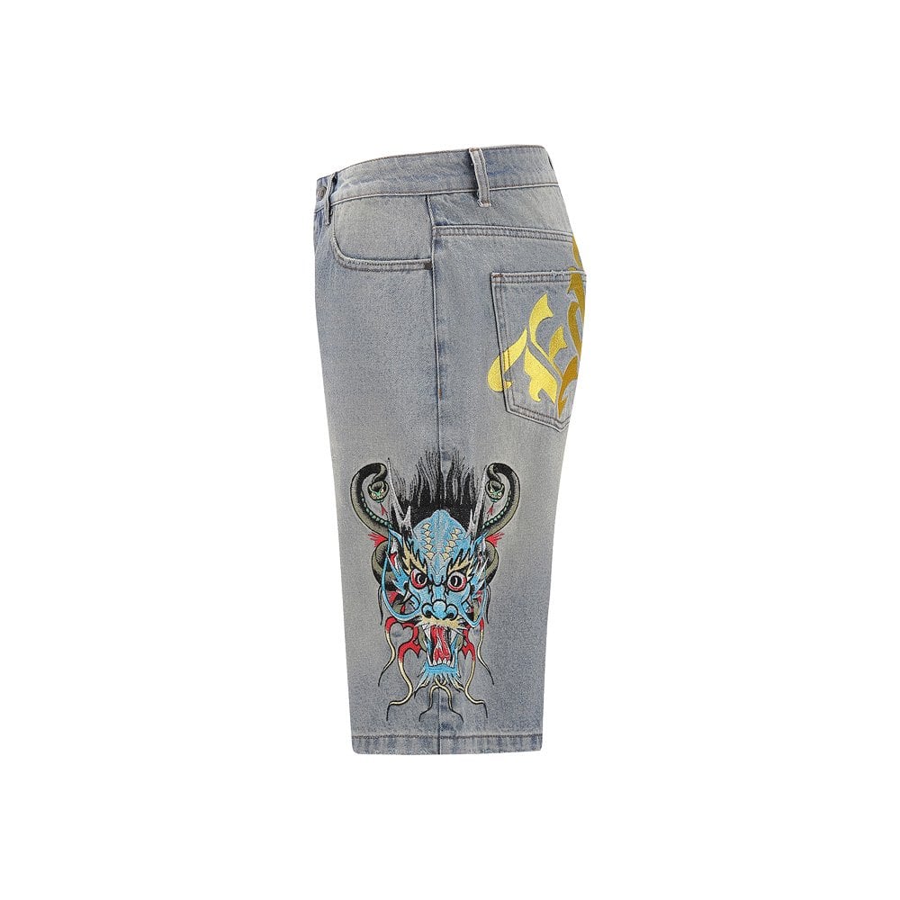 Medusa Dragon Denim Skater Shorts - Bleach