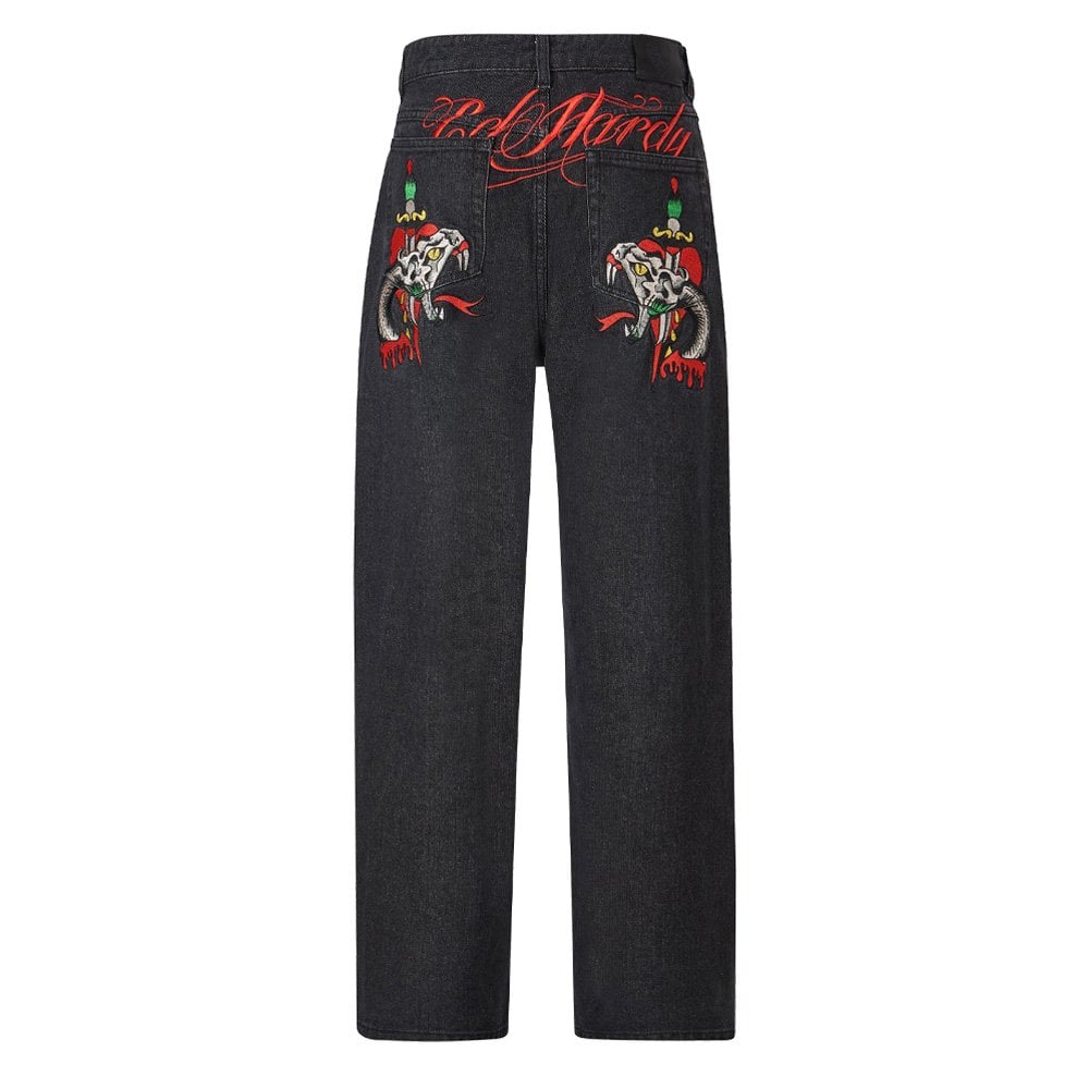 Snake Sever Tattoo Graphic Relaxed Jeans - Black
