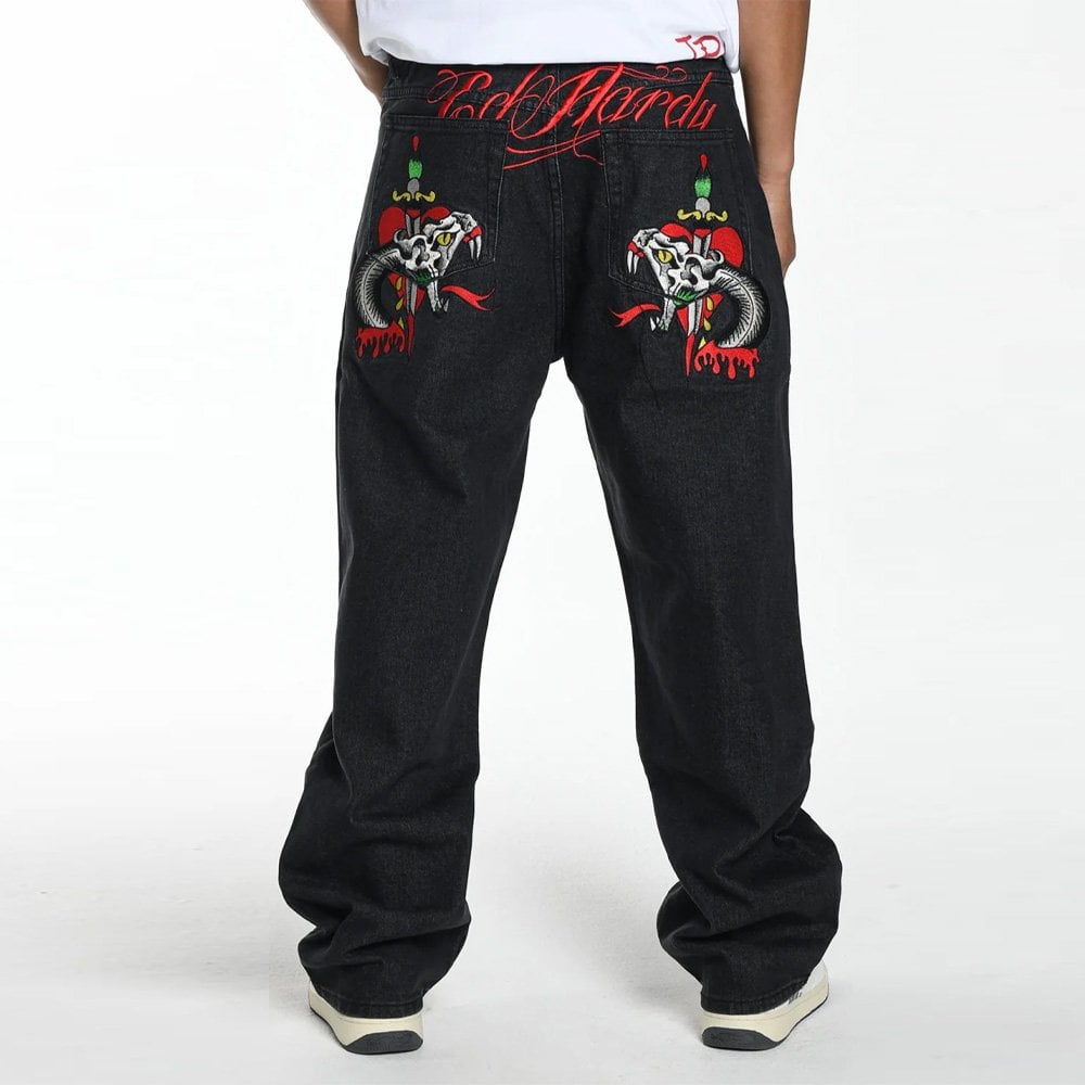 Snake Sever Tattoo Graphic Relaxed Jeans - Black