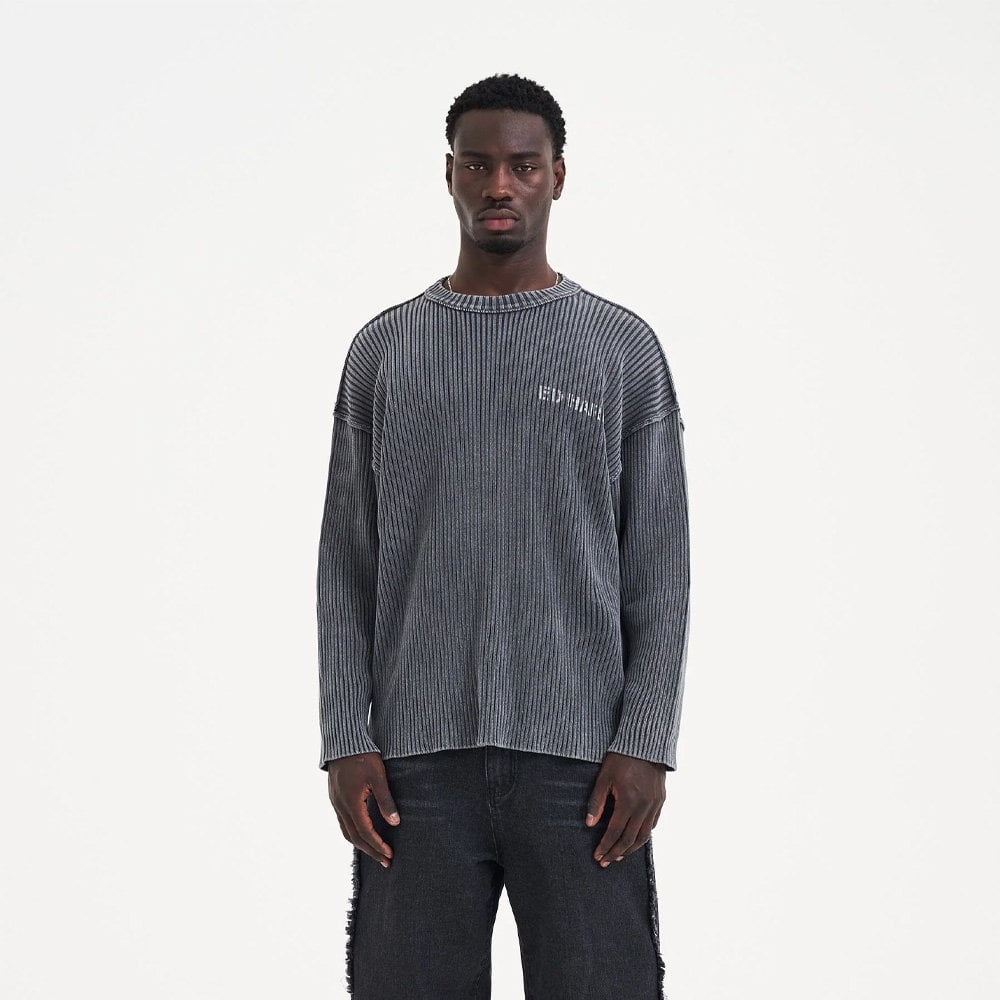 Acid Wash Skull Knitted Jumper - Charcoal