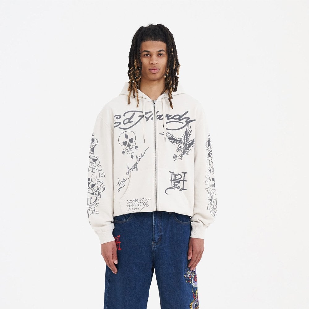 Death Before Mono Zip Thru Hoodie - Beige