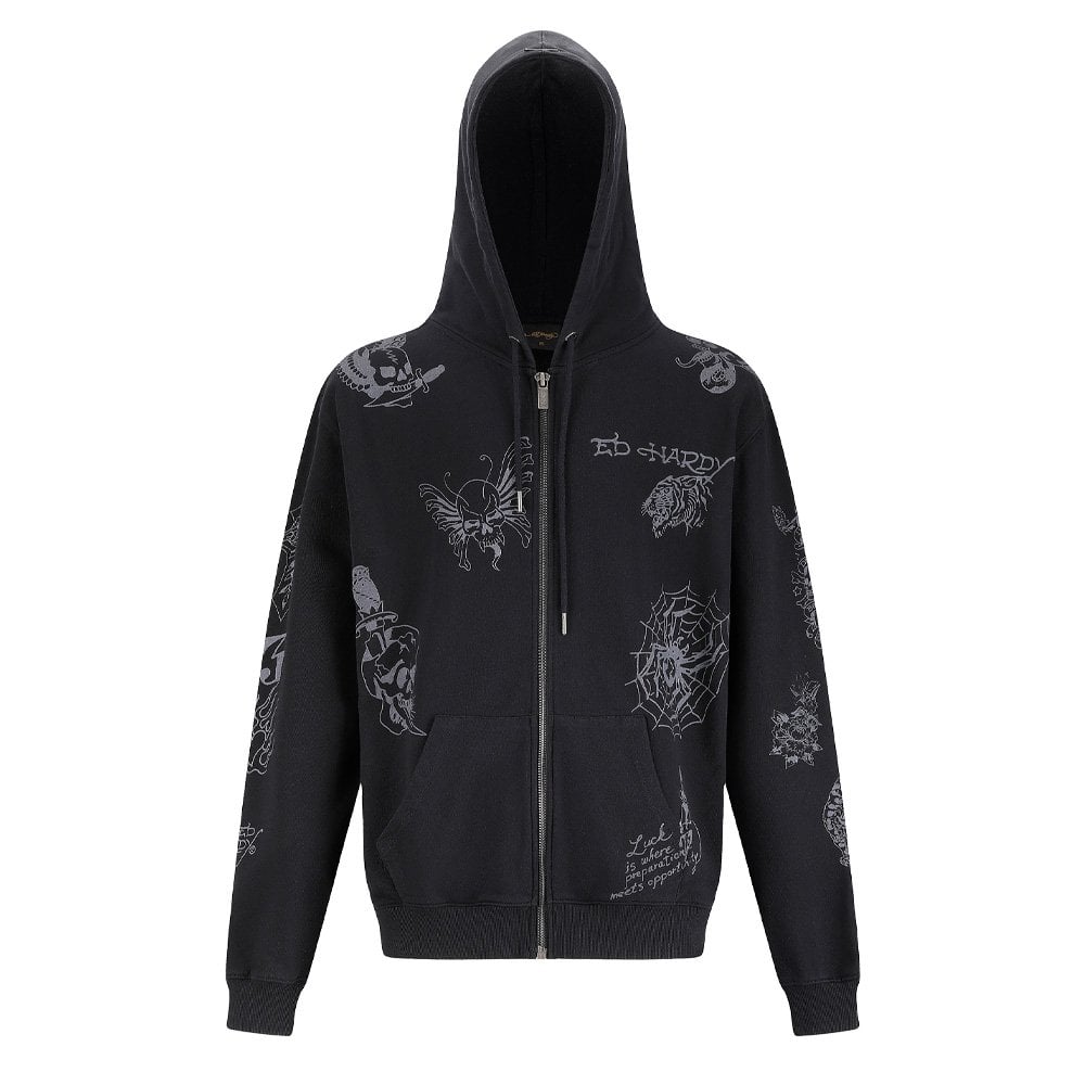 Tattoo Club Zip Thru Hoodie - Black