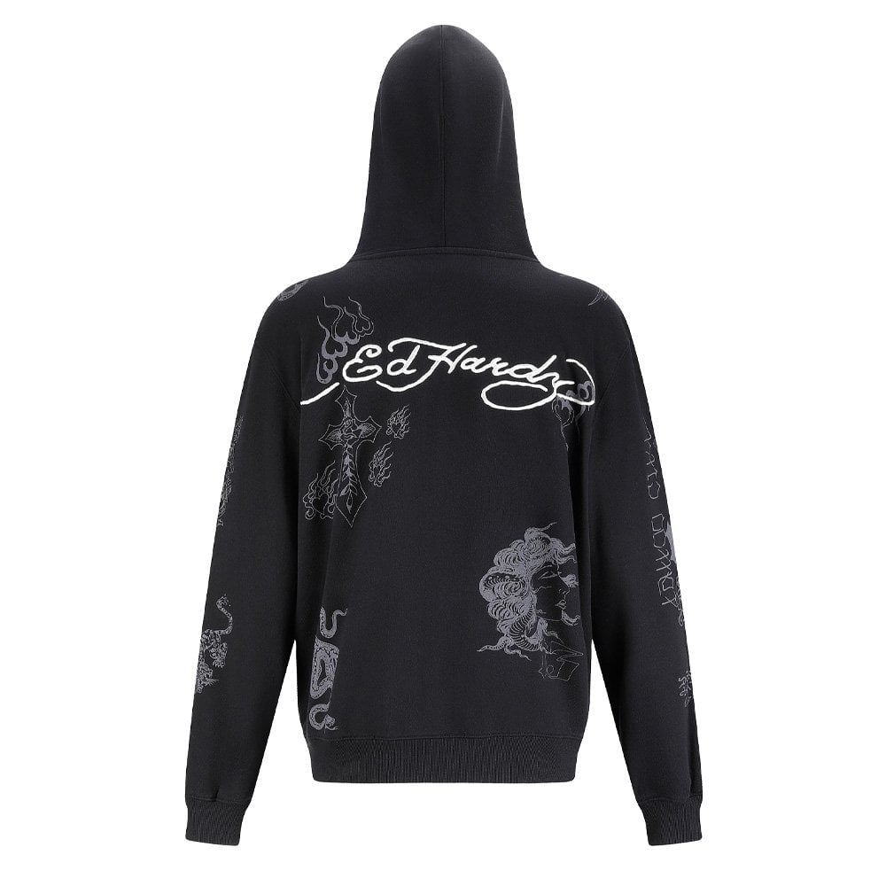 Tattoo Club Zip Thru Hoodie - Black