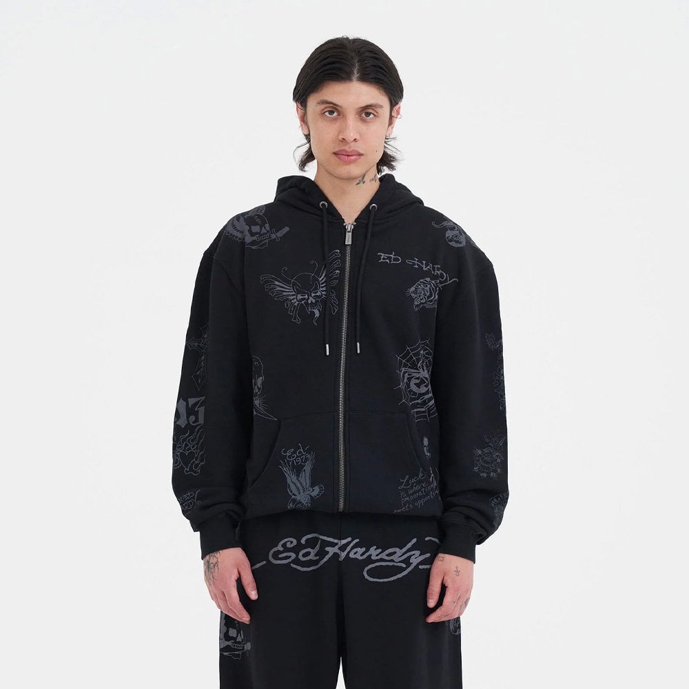 Tattoo Club Zip Thru Hoodie - Black