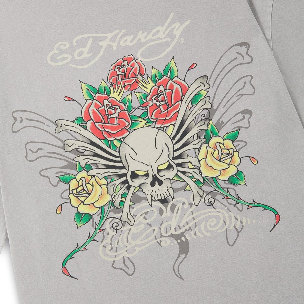 Skull Rose Graphic Relaxed T-Shirt - Grey