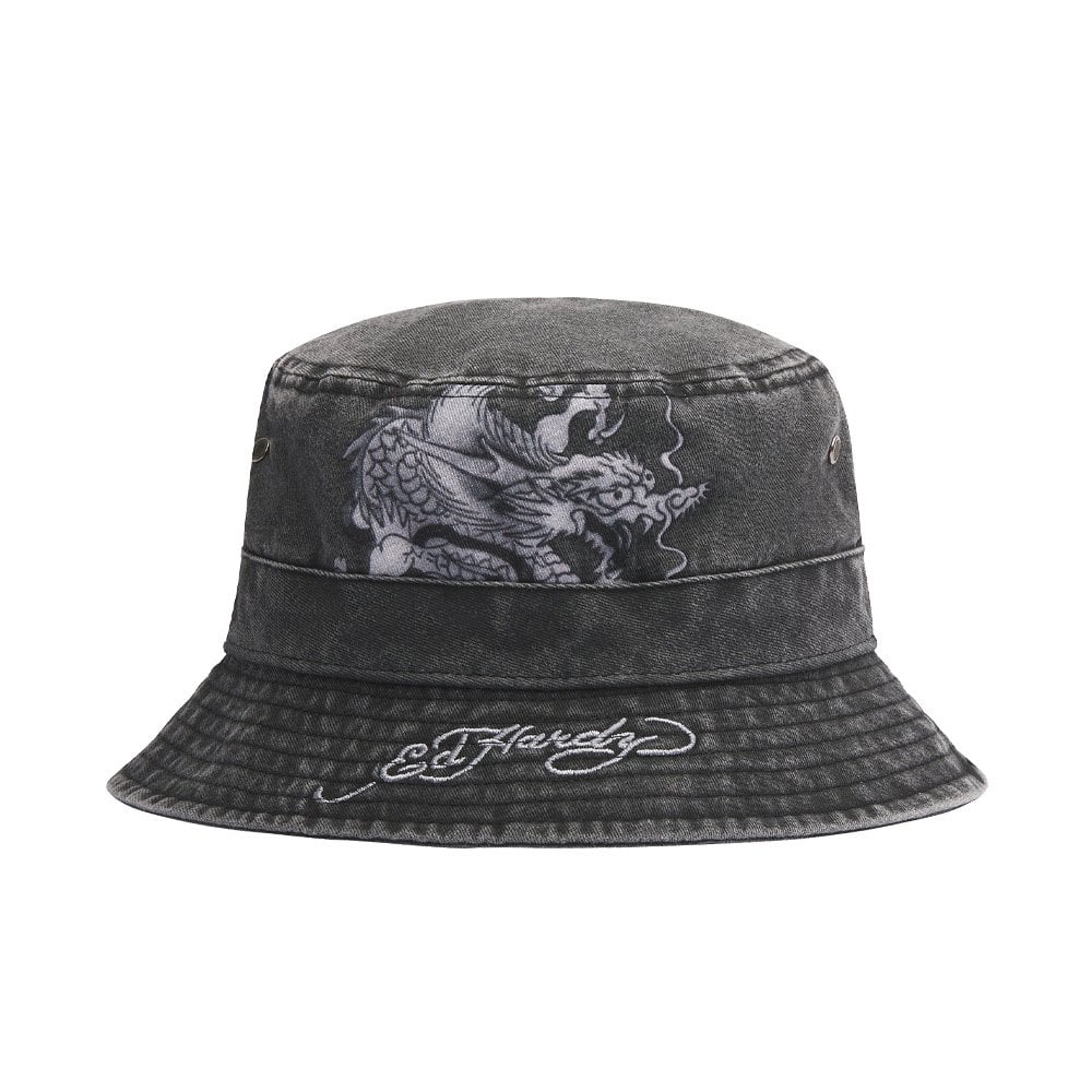Crawling Dragon Graphic Acid Wash Bucket Hat - Charcoal