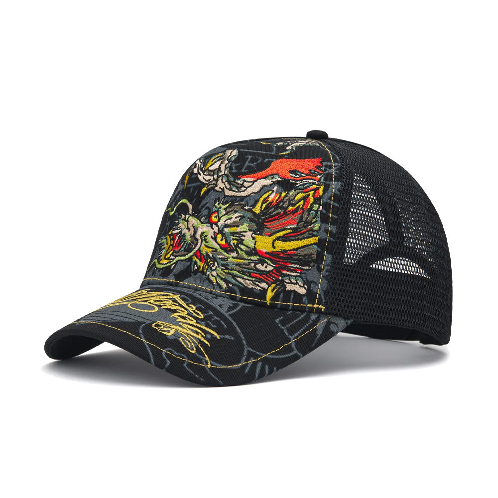 Crawling Dragon 5 Panel Trucker Cap - Black