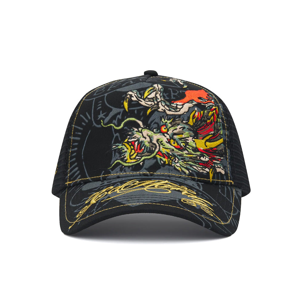Crawling Dragon 5 Panel Trucker Cap - Black