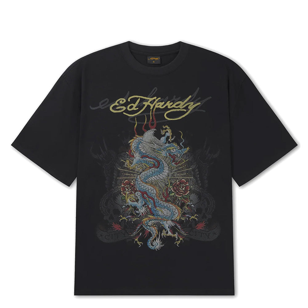 Dragon City Diamante Graphic Relaxed T-Shirt - Black