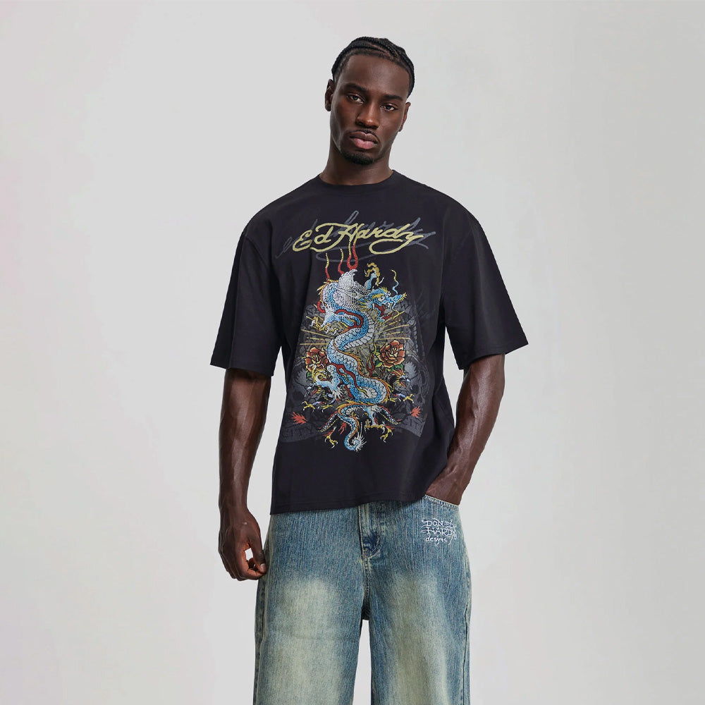 Dragon City Diamante Graphic Relaxed T-Shirt - Black