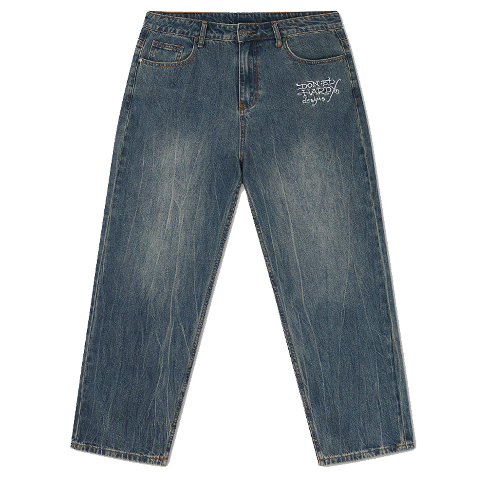 Flying Skull Pu Applique Relaxed Jeans - Dark Blue