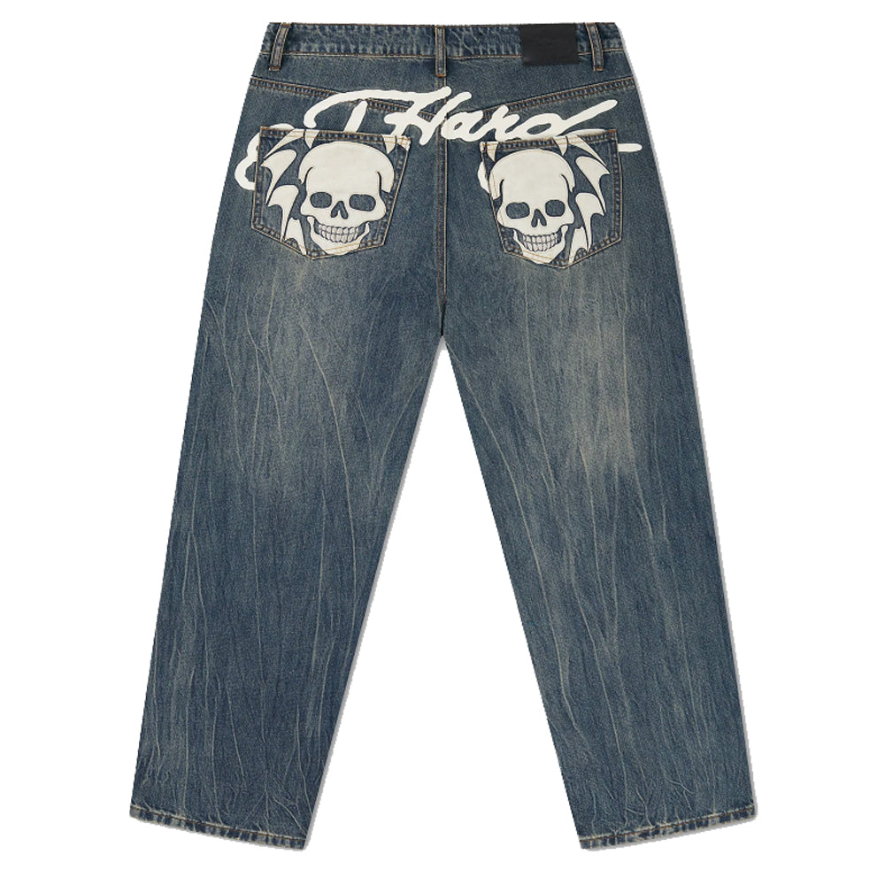 Flying Skull Pu Applique Relaxed Jeans - Dark Blue