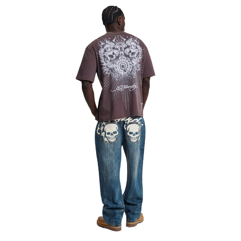 Flying Skull Pu Applique Relaxed Jeans - Dark Blue