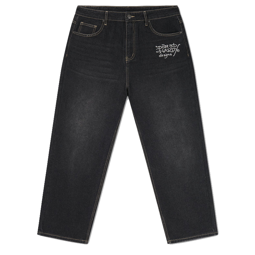 Flying Skull Pu Applique Relaxed Jeans - Washed Black