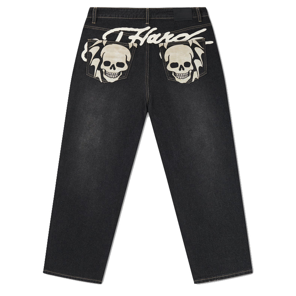 Flying Skull Pu Applique Relaxed Jeans - Washed Black
