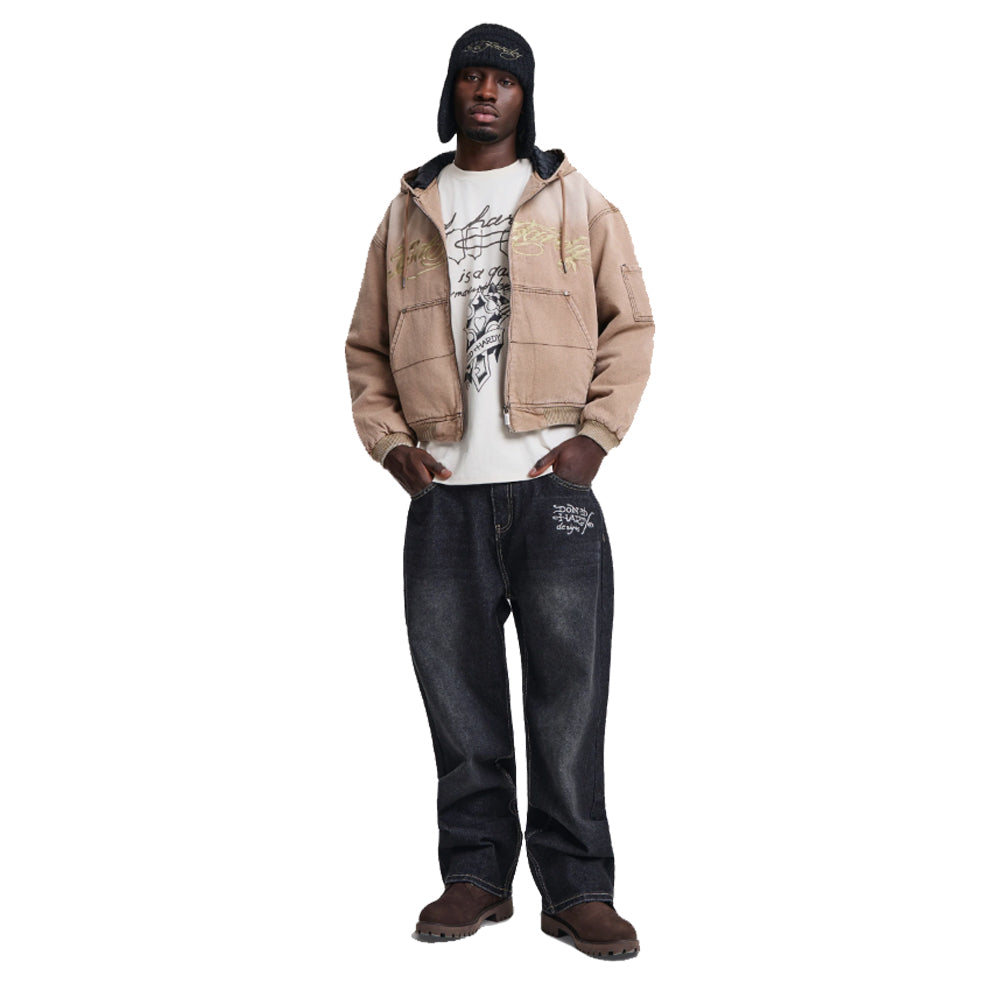 Flying Skull Pu Applique Relaxed Jeans - Washed Black