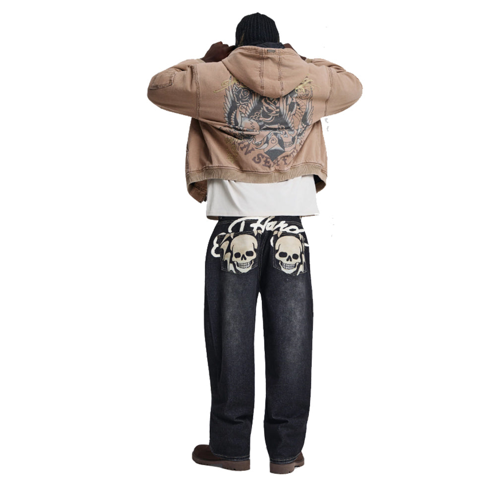 Flying Skull Pu Applique Relaxed Jeans - Washed Black