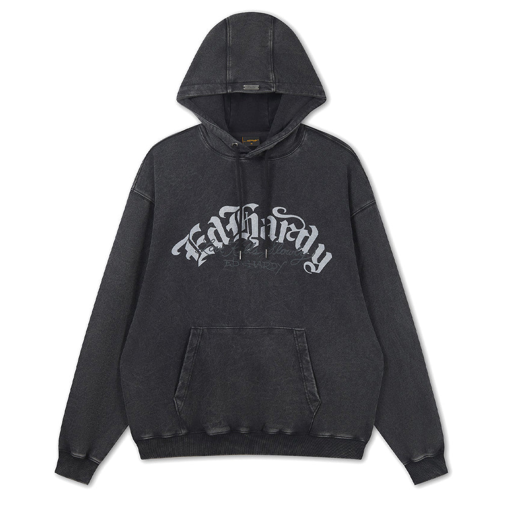 Gothic Flaming Dragon Acid Wash Relaxed Hoodie - Black