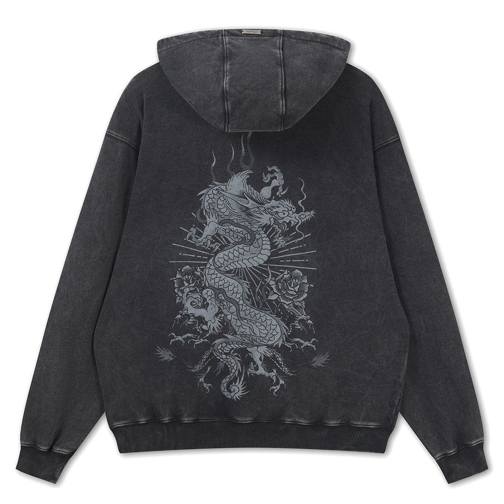 Gothic Flaming Dragon Acid Wash Relaxed Hoodie - Black
