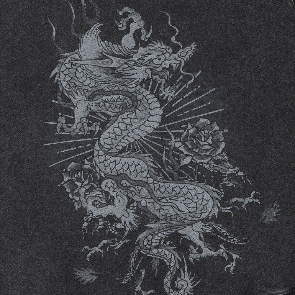 Gothic Flaming Dragon Acid Wash Relaxed Hoodie - Black