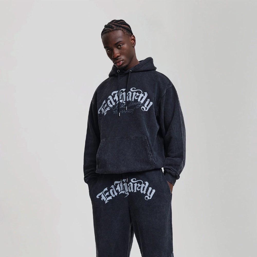 Gothic Flaming Dragon Acid Wash Relaxed Hoodie - Black