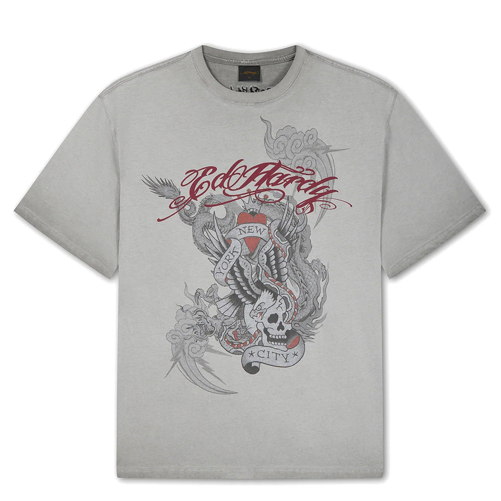 Oil Wash Storming New York Graphic Relaxed T-Shirt - Grey