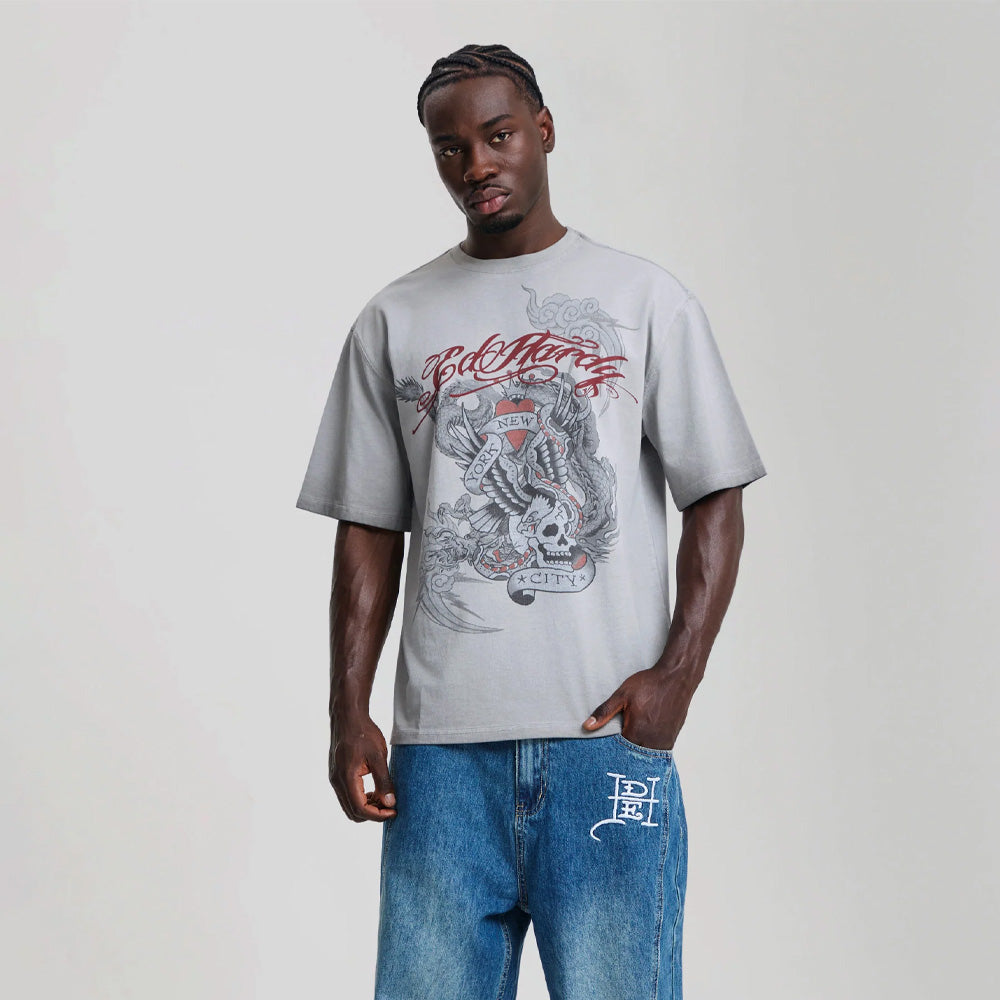 Oil Wash Storming New York Graphic Relaxed T-Shirt - Grey