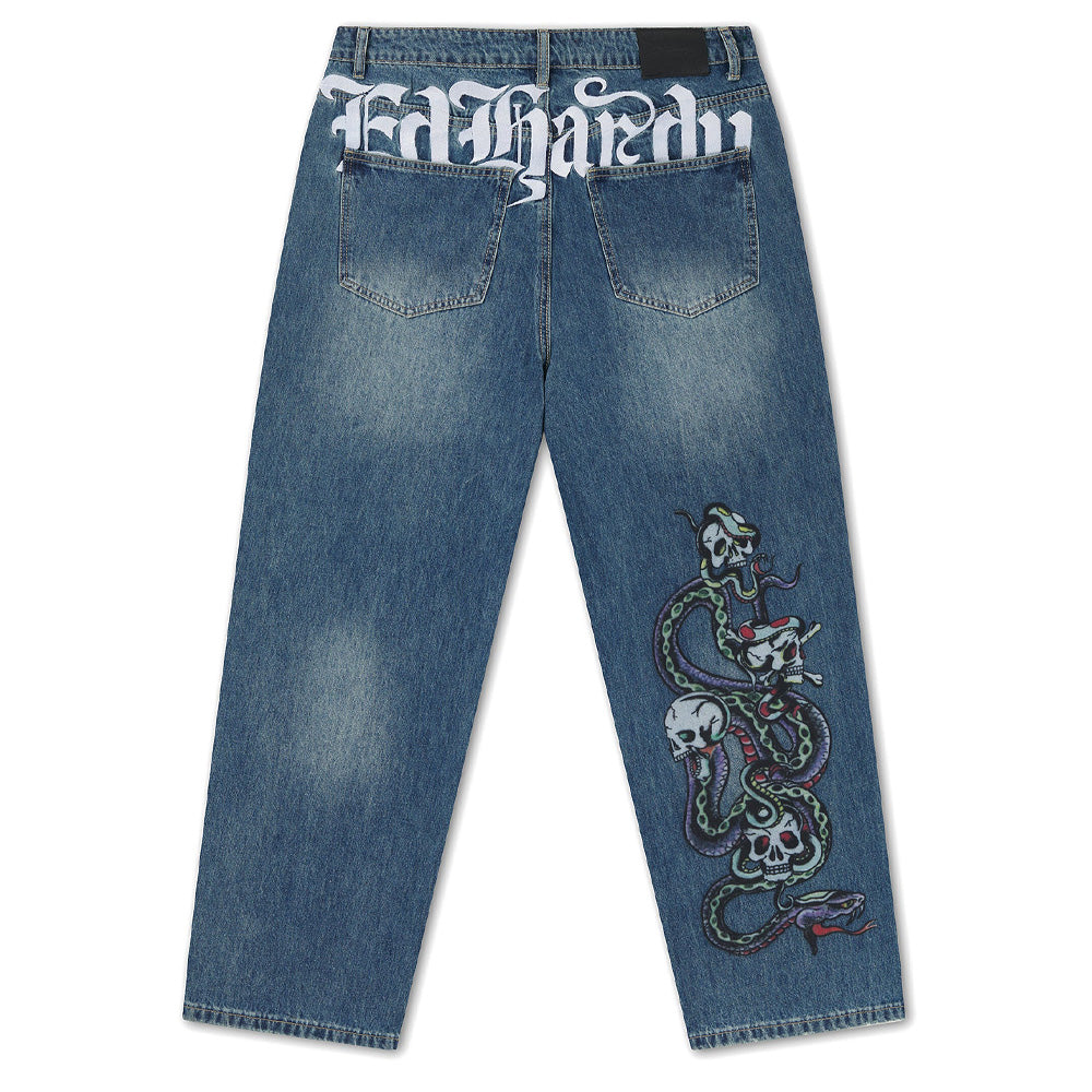 Serpent Skull Graphic Relaxed Jeans - Mid Blue