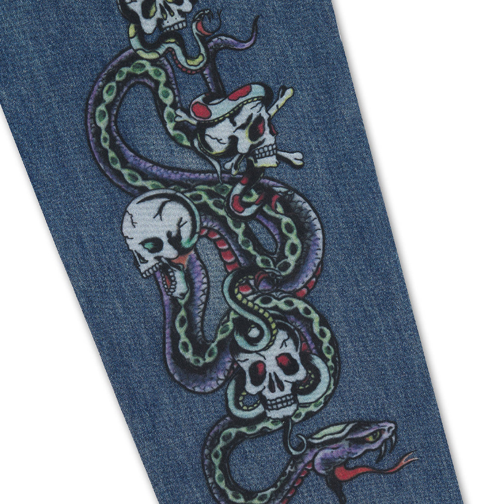 Serpent Skull Graphic Relaxed Jeans - Mid Blue
