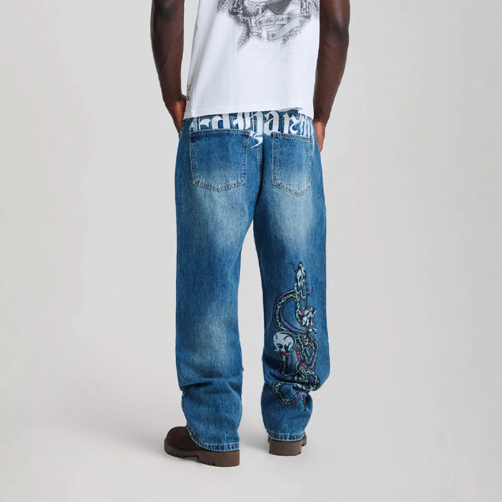 Serpent Skull Graphic Relaxed Jeans - Mid Blue