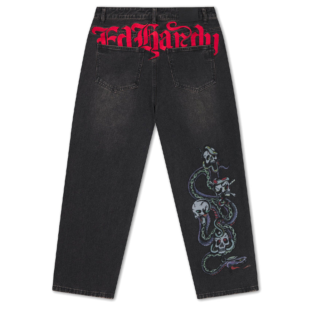 Serpent Skull Graphic Relaxed Jeans - Washed Black