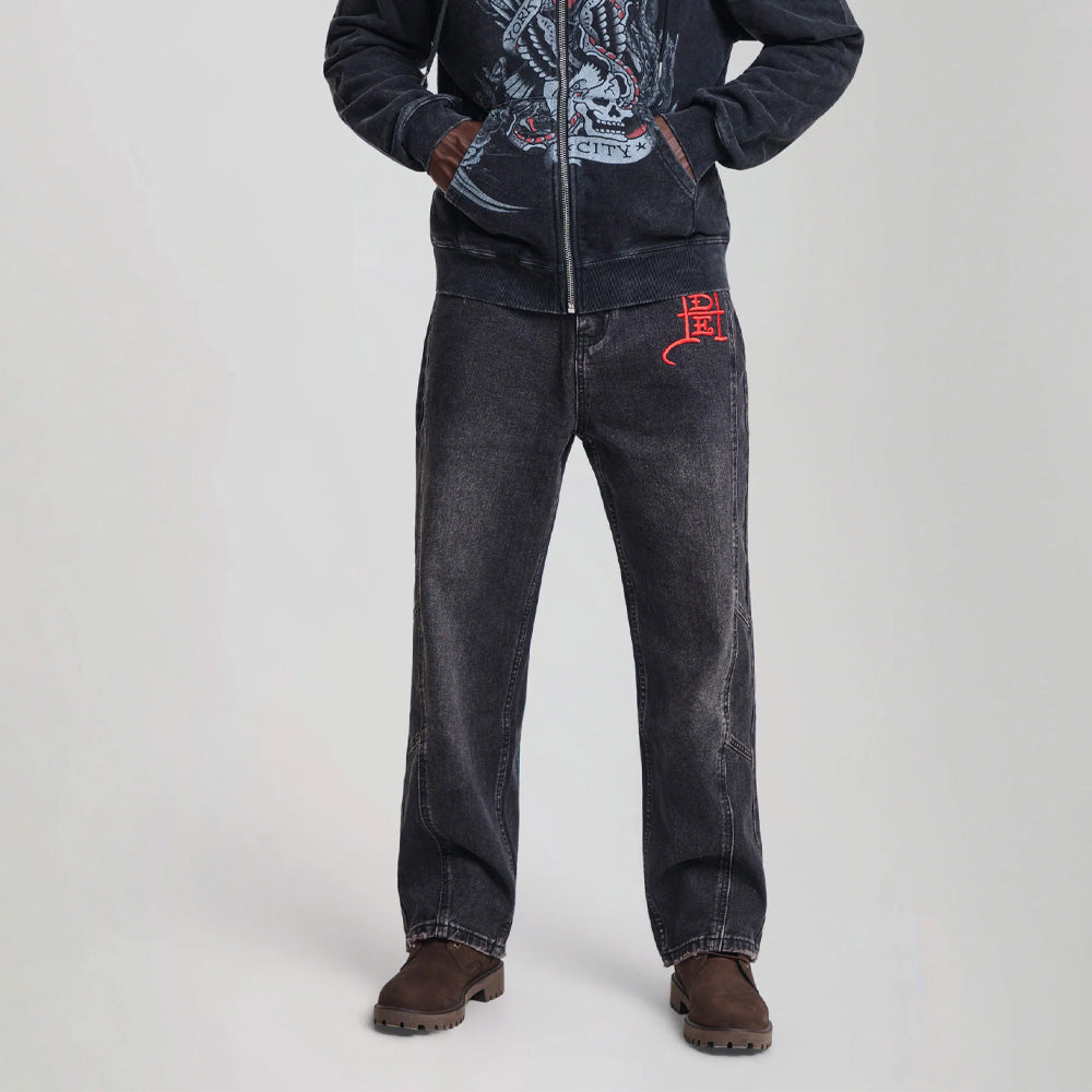 Serpent Skull Graphic Relaxed Jeans - Washed Black