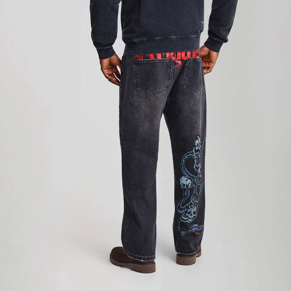 Serpent Skull Graphic Relaxed Jeans - Washed Black