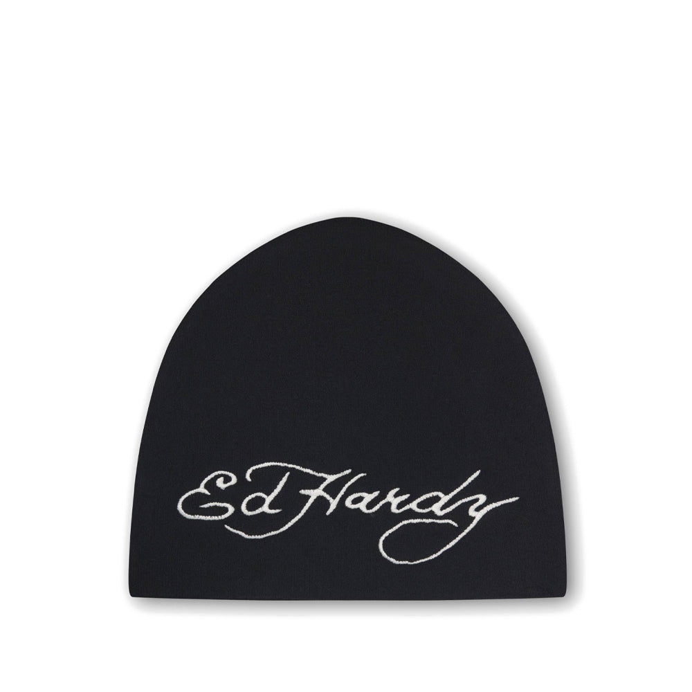 Skull Vegan Leather Applique Beanie - Black