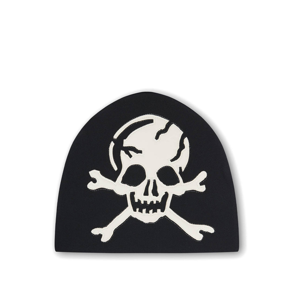 Skull Vegan Leather Applique Beanie - Black
