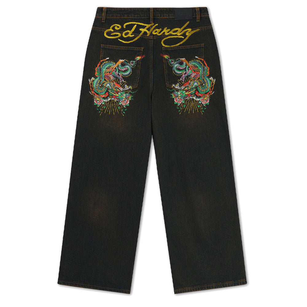 Slithering Dragon Embroidered Xxtra Jeans - Sandy Black