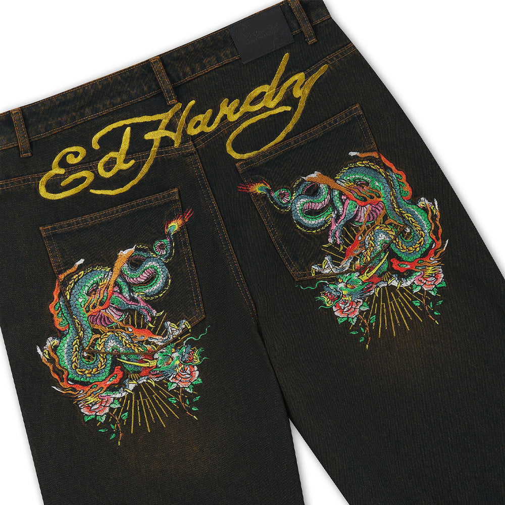 Slithering Dragon Embroidered Xxtra Jeans - Sandy Black