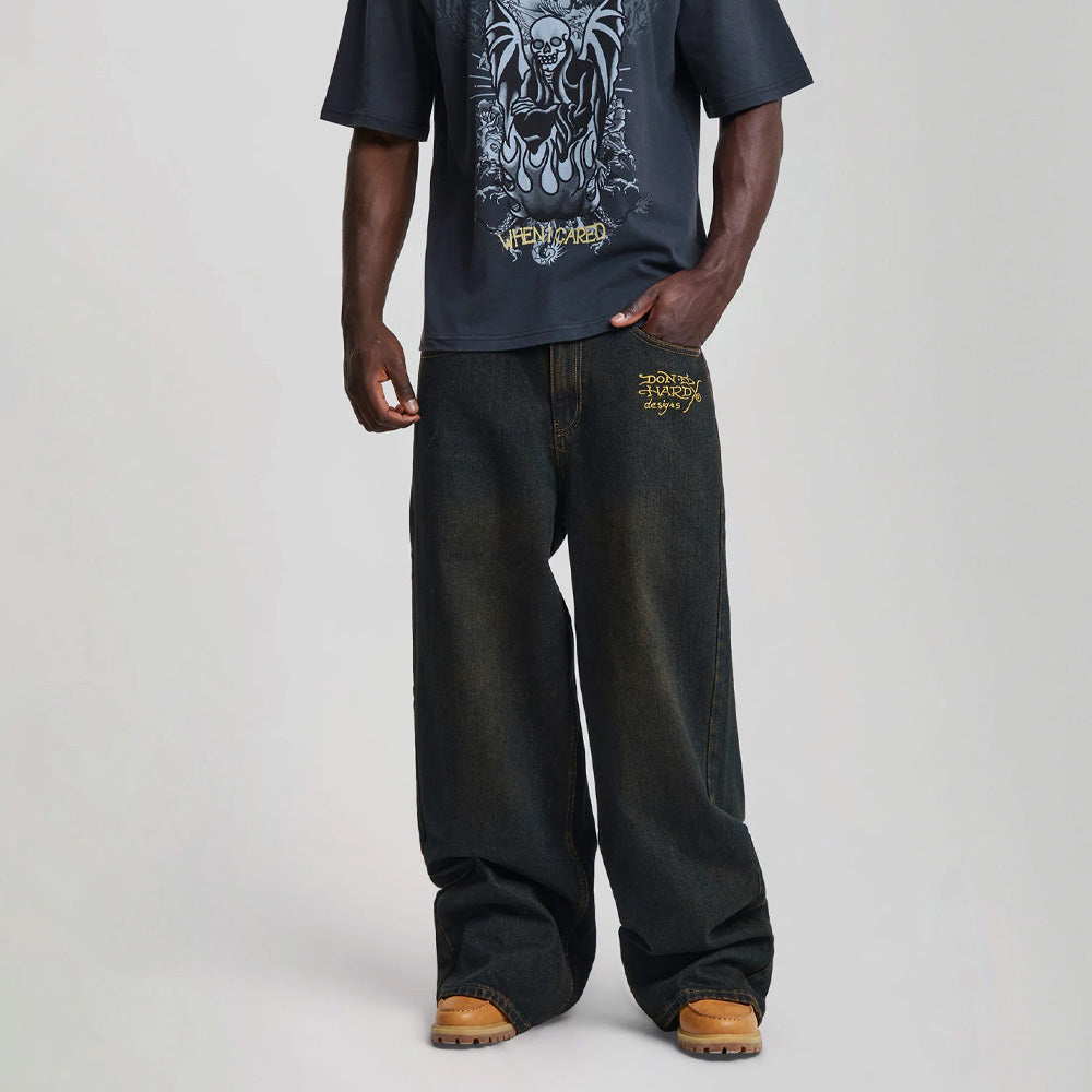 Slithering Dragon Embroidered Xxtra Jeans - Sandy Black