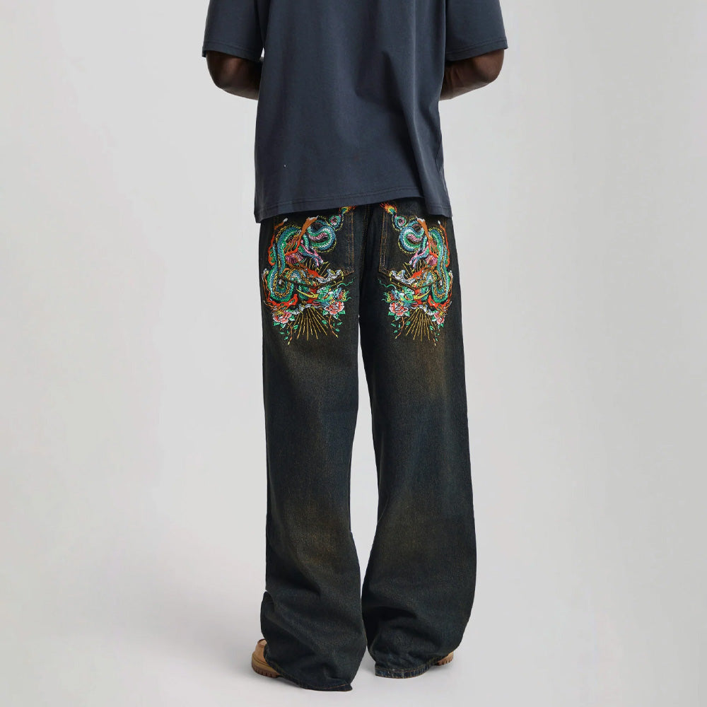 Slithering Dragon Embroidered Xxtra Jeans - Sandy Black