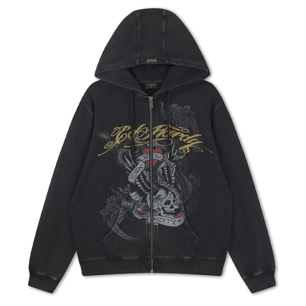 Storming New York Washed Relaxed Zip Thru Hoodie - Black