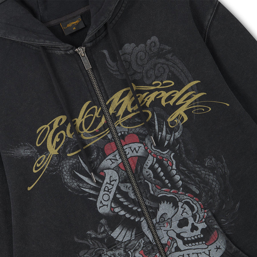 Storming New York Washed Relaxed Zip Thru Hoodie - Black