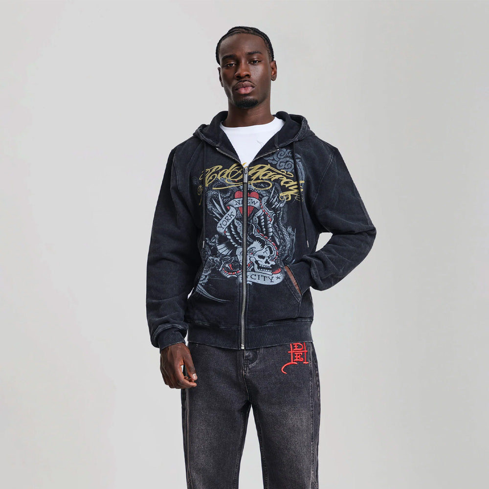 Storming New York Washed Relaxed Zip Thru Hoodie - Black