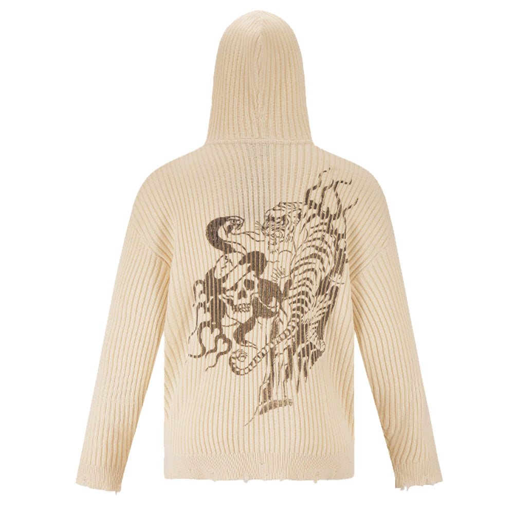 Tiger And Snake In Flames Knitted Hoodie - Off White