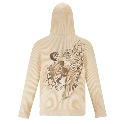 Tiger And Snake In Flames Knitted Hoodie - Off White