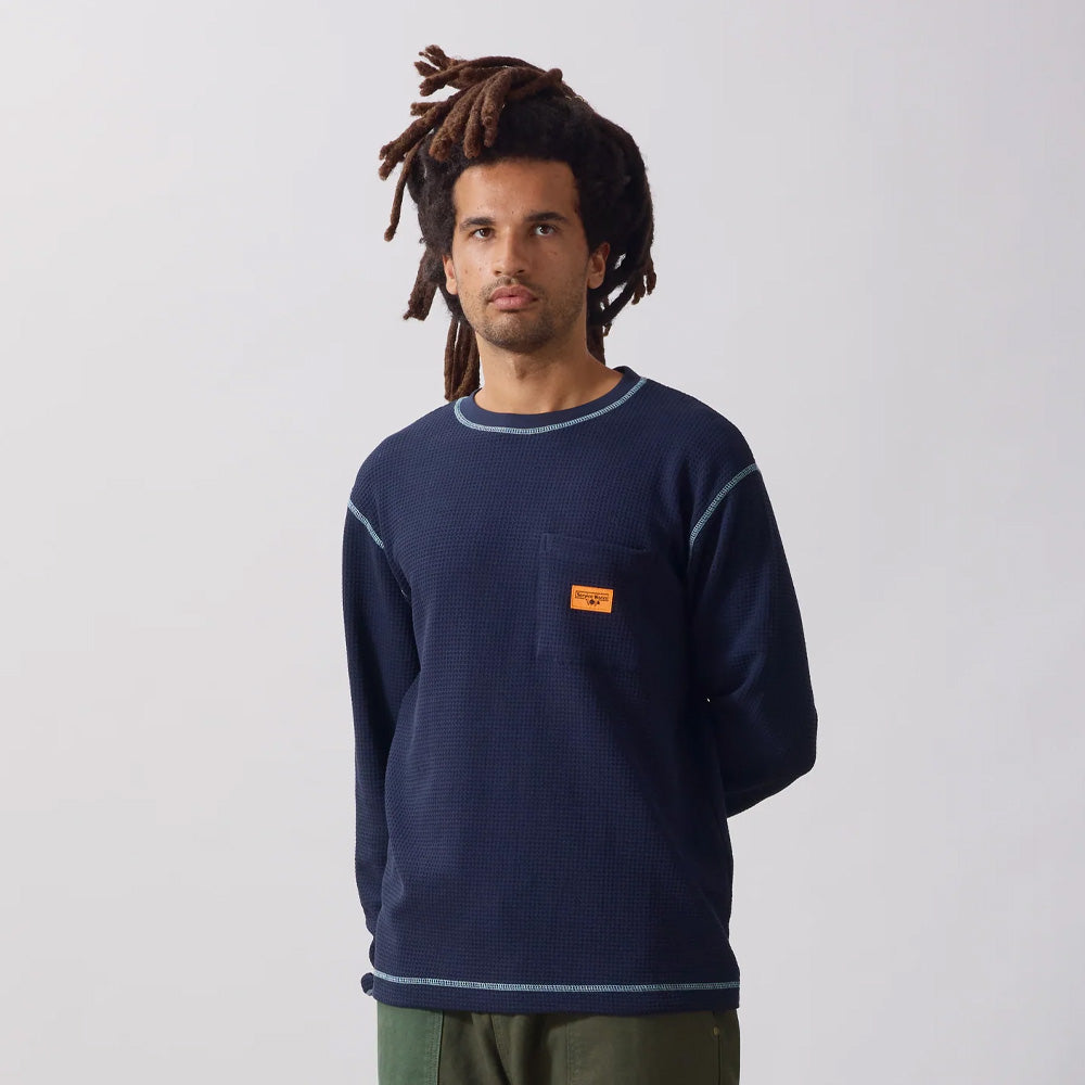 Waffle Contrast Thermal Long Sleeve T-Shirt - Navy/Blue