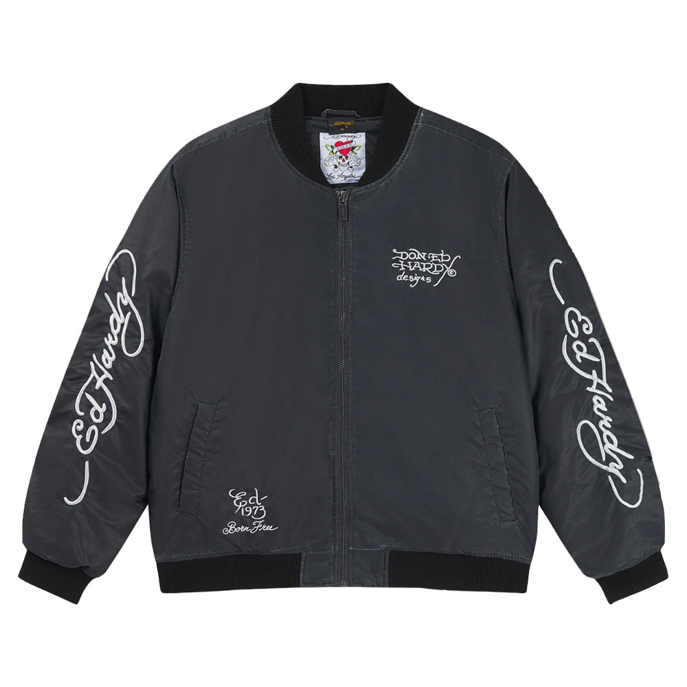 Washed Black Widow Relaxed Varsity Bomber Jacket  - Black