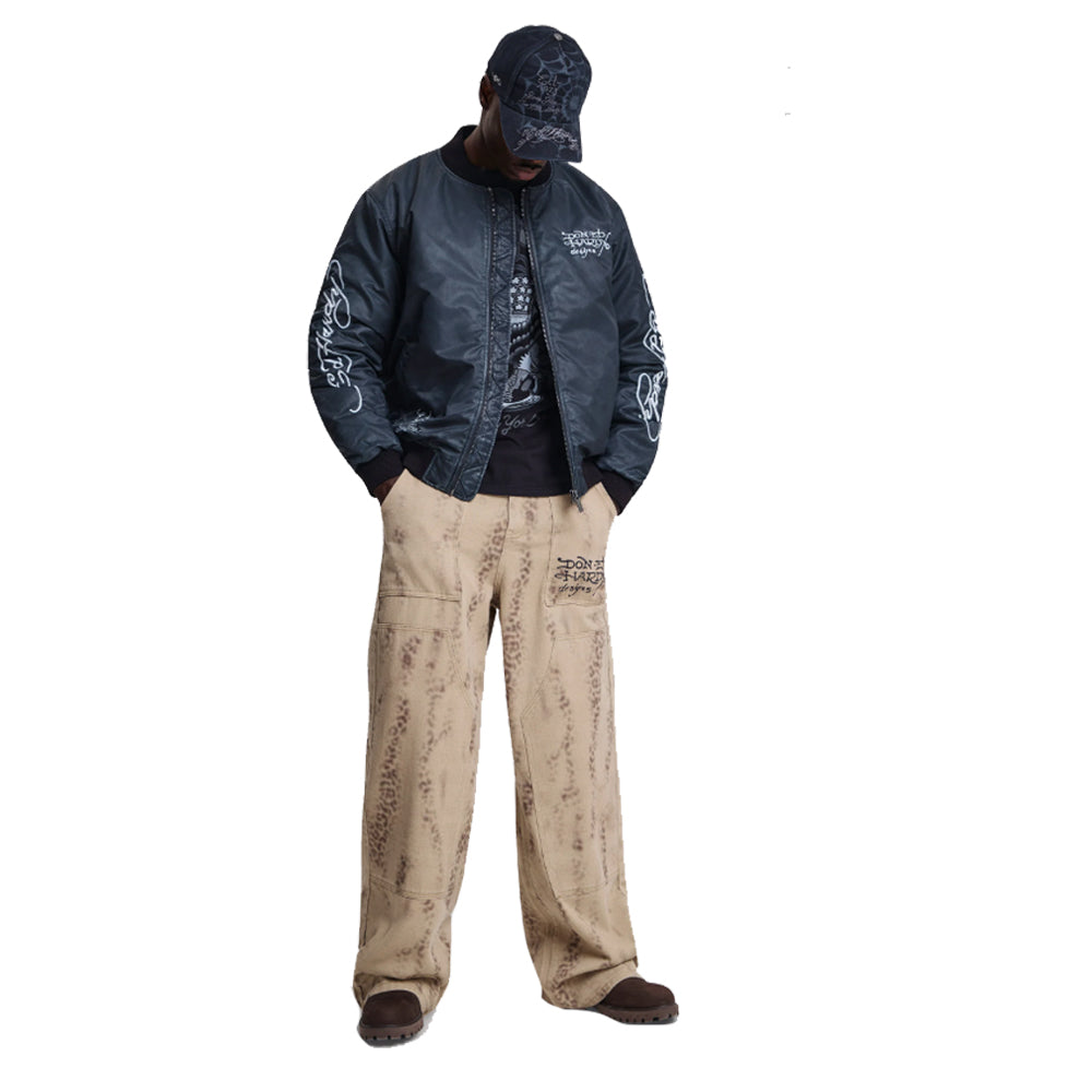 Washed Black Widow Relaxed Varsity Bomber Jacket  - Black